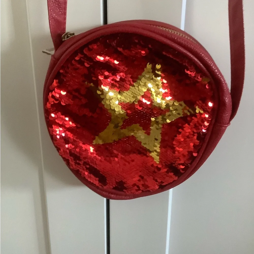American girl red leather with sequin star crossbody bag purse zipper around